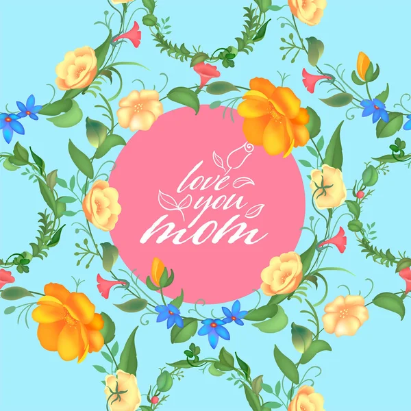 Mother s day greeting card with blossom flowers. Beautiful seamless design with typography. Garden plants with leaves. — Stock Vector