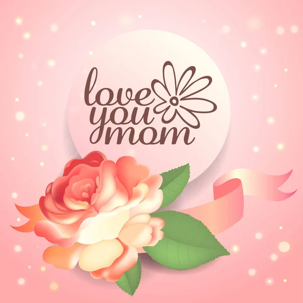 Tarjeta de felicitación del día de la madre con hermosa rosa jardín y hojas . — Vector de stock