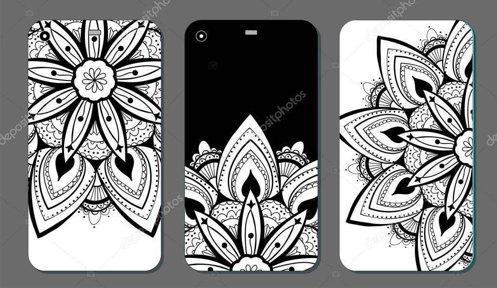 Phone case mandala design set. Vintage decorative elements. Hand drawn background. Islam, Arabic, Indian, ottoman motifs