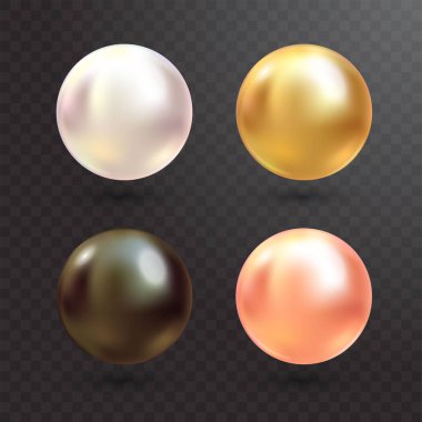 Gerçekçi varicoloured inci vektör şeffaf arka plan üzerinde ayarlayın. Küre şeklinde değerli inci. İnci lüks parlak taş illüstrasyon