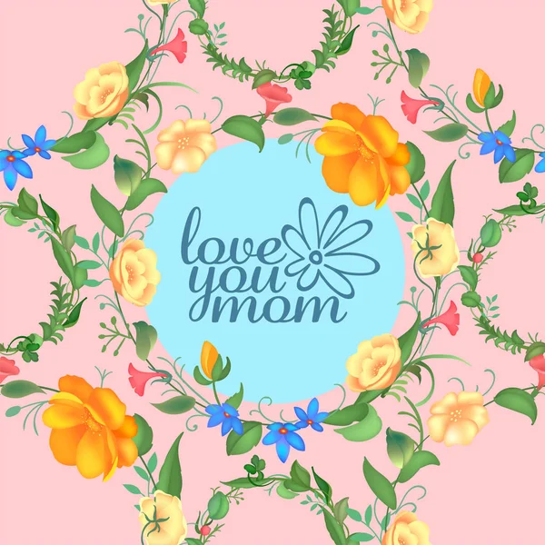 Muttertagsgrußkarte mit Blütenblumen. schönes, nahtloses Design mit Typografie. Gartenpflanzen mit Blättern. — Stockvektor