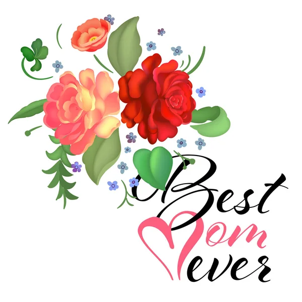 Carte de vœux de la fête des mères avec de belles roses, feuilles et fleurs de jardin. Affiche de typographie . — Image vectorielle