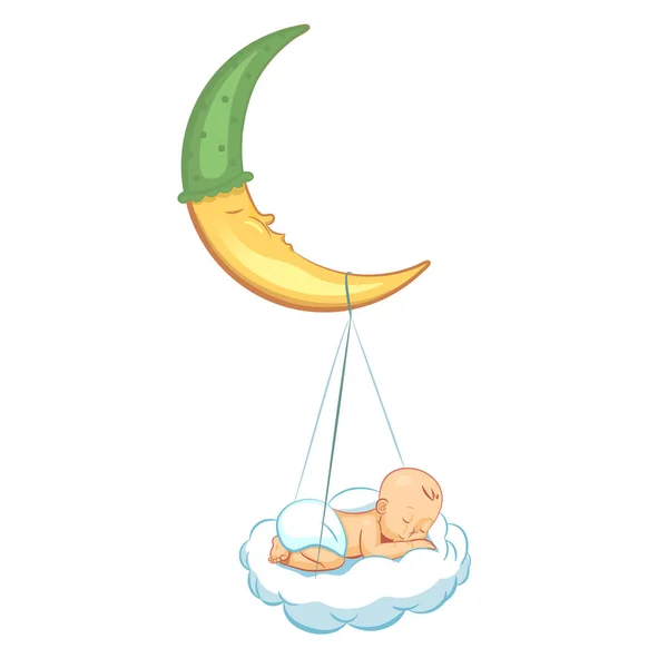 Векторная иллюстрация ребенка, спящего на Луне. Реалистичный мультяшный ребенок в подгузнике. Иллюстрация для упаковки подгузников или объявления . — стоковый вектор