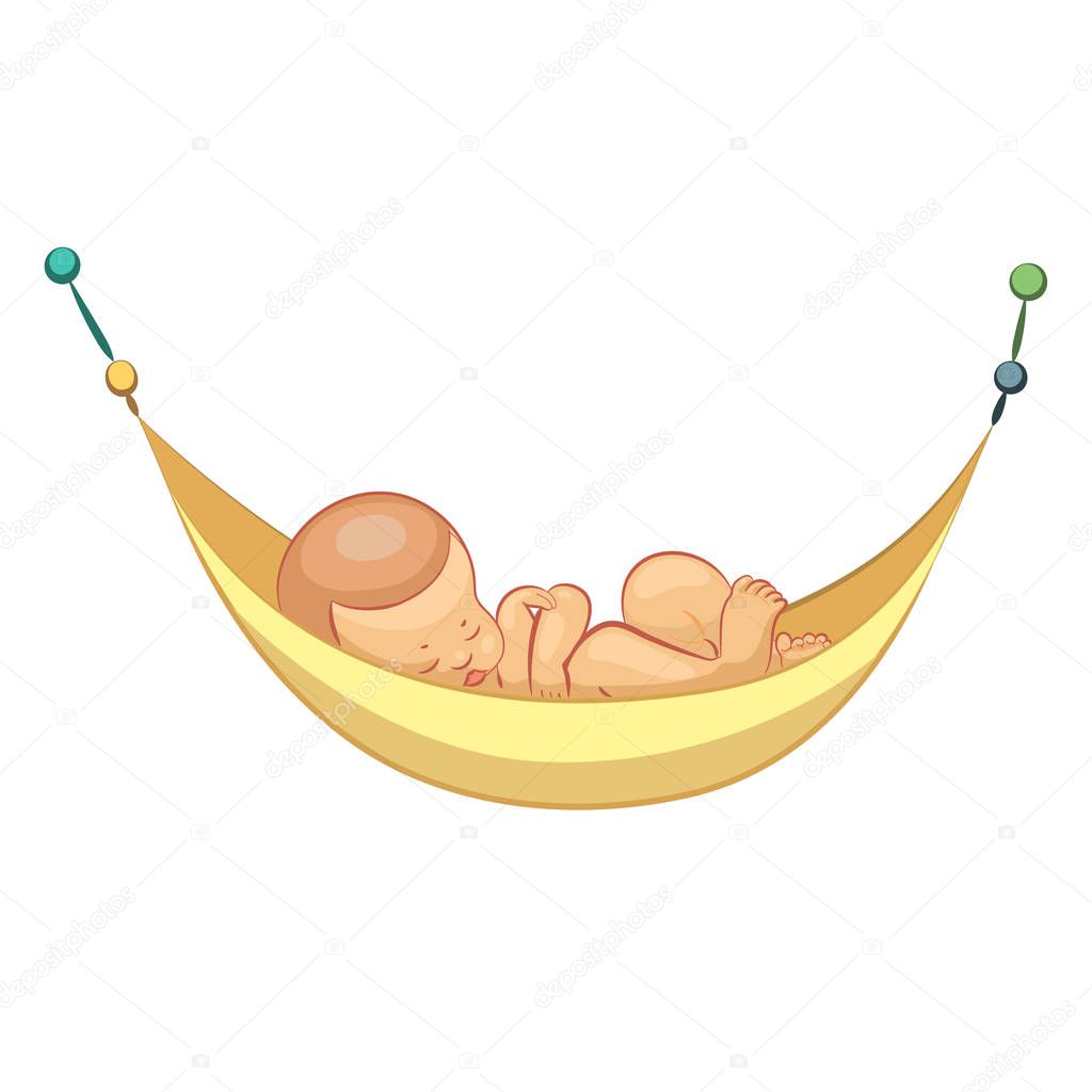 Baby sleeping in a hammock. Realistic cartoon Vector illustration with a newborn baby