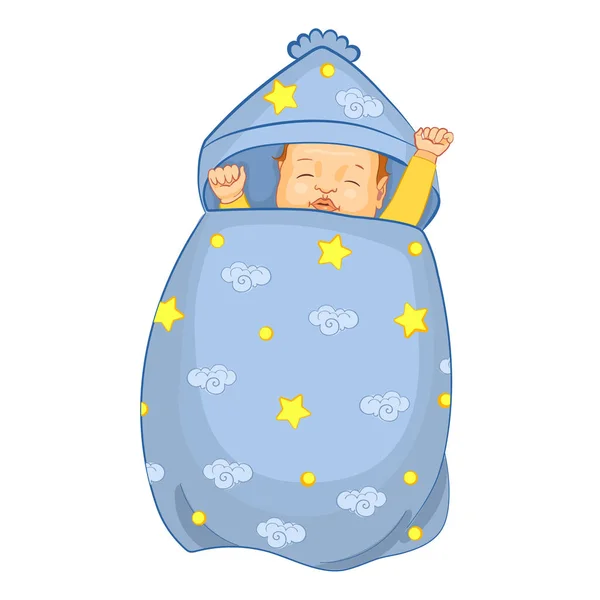 Baby sleeping in a sleeping bag. Realistic cartoon Vector illustration with a newborn baby in cocoon. Pattern with cartoon stars, clouds. — Stock Vector