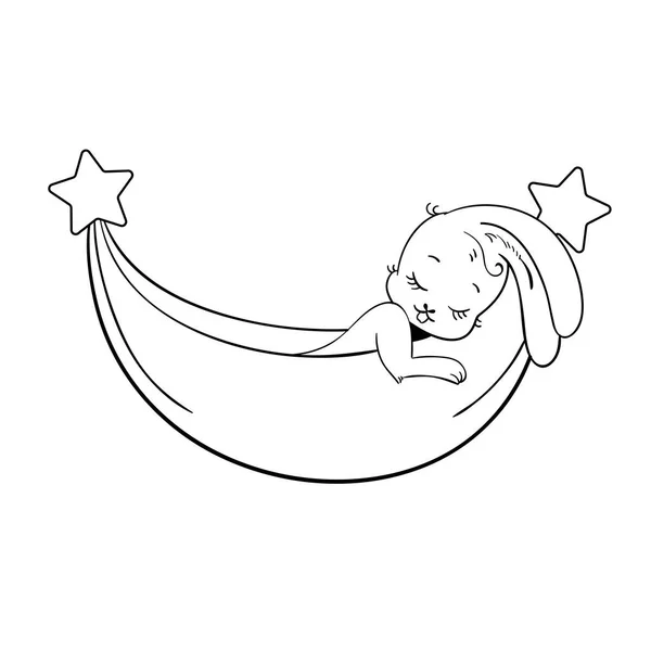 Coelho bebé a dormir numa rede. Modelo de sinal de logotipo. Desenho animado realista Ilustração vetorial com um bebê recém-nascido. Rede como uma lua com estrelas . — Vetor de Stock