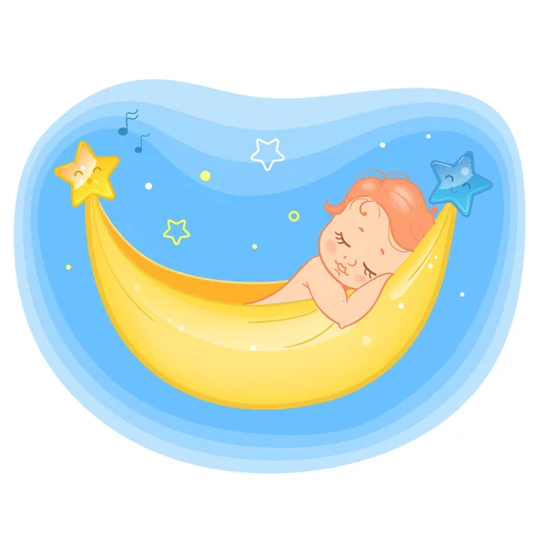 Bebê dormindo em uma rede. Desenho animado realista Ilustração vetorial com um bebê recém-nascido. Rede como uma lua com estrelas . — Vetor de Stock