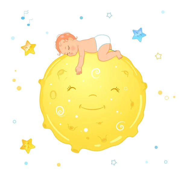 Ilustração vetorial de um bebê dormindo na lua. Bebê de desenho animado realista em fralda. Ilustração para pacote de fraldas ou anúncio . — Vetor de Stock