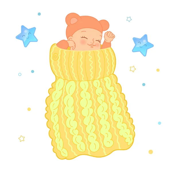 Baby sova i en stickad sovsäck. Realistisk tecknad vektor illustration med ett nyfött barn i Cocoon. Mönster med tecknade stjärnor, moln. — Stock vektor