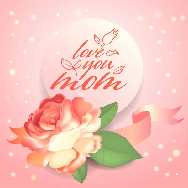 Tarjeta de felicitación del día de la madre con hermosa rosa jardín y hojas . — Vector de stock