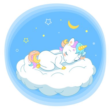 Karikatür tarzında Magic sevimli tek boynuzlu at. Karatek boynuzlu at bulutların üzerinde uyuyor. Kartlar, posterler, çocuk t-shirt baskılar, tekstil tasarımı için vektör illüstrasyon.