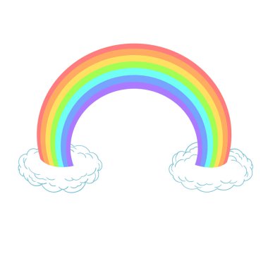 Gökkuşağı ve sevimli karikatür tarzında bulutlar. Vektör