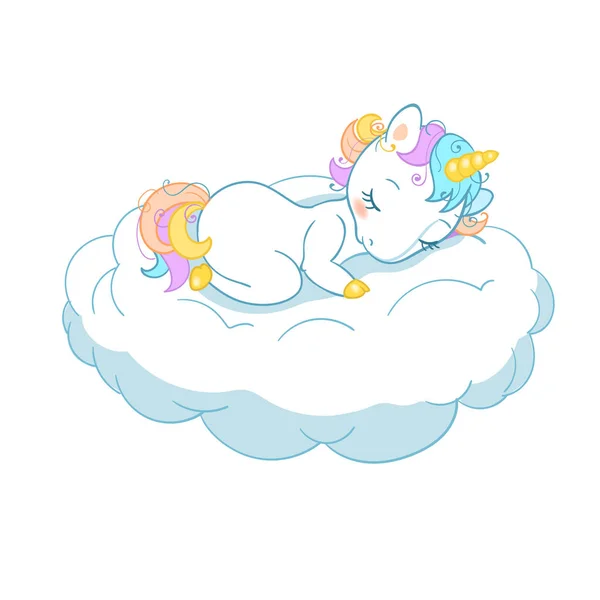 Magic Cute Unicorn i tecknad stil. Doodle Unicorn sova på ett moln. Vektor illustration för kort, affischer, barn t-shirt utskrifter, textildesign. — Stock vektor
