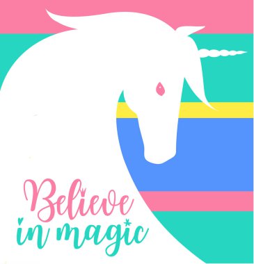 Tek boynuzlu at ile Olağandışı Yaratıcı tipografik poster. Büyüye inan. Yazı. Hipster tarzı. Tişört etiketi, tebrik kartpostalları. İlham verici motivasyonel illüstrasyon