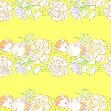 Sevimli küçük uyuyan bebek tek boynuzlu atlar, güzel bahçe çiçekleri ile Dikişsiz desen. Bebek ve çocuk tasarım şablonları için.