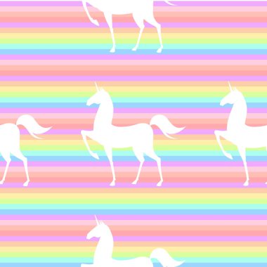 Stilize tek boynuzlu atlar ile dikişsiz desen. Renkli illüstrasyon Pembe, mavi, ultraviyole renklerde