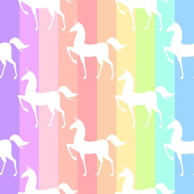 Stilize tek boynuzlu atlar ile dikişsiz desen. Renkli illüstrasyon Pembe, mavi, ultraviyole renklerde