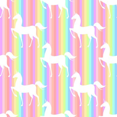 Stilize tek boynuzlu atlar ile dikişsiz desen. Renkli illüstrasyon Pembe, mavi, ultraviyole renklerde