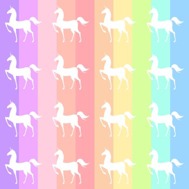 Stilize tek boynuzlu atlar ile dikişsiz desen. Renkli illüstrasyon Pembe, mavi, ultraviyole renklerde