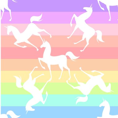 Stilize tek boynuzlu atlar ile dikişsiz desen. Renkli illüstrasyon Pembe, mavi, ultraviyole renklerde