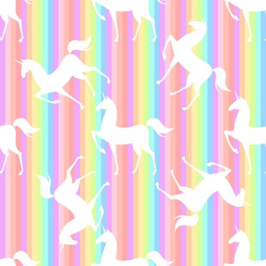 Stilize tek boynuzlu atlar ile dikişsiz desen. Renkli illüstrasyon Pembe, mavi, ultraviyole renklerde
