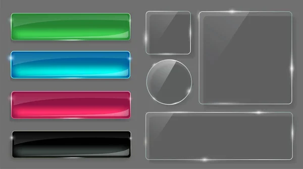 Glass plates set. Realistic transparent and multicolored glass buttons. Vector glass banners on gray background. — Stock Vector