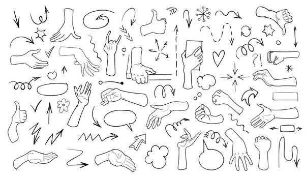 Beyaz arka plan üzerinde ok doodle ayarlayın. El çizilmiş doodle gerçekçi eller. Vektör çizimi