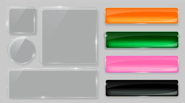 Glasplatten Set vorhanden. realistische transparente und bunte Glasknöpfe. Vektor-Glasbanner auf grauem Hintergrund. — Stockvektor