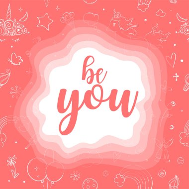 Sevimli vektör tek boynuzlu atlar ve gökkuşağı doodle sorunsuz desen. Motivasyonel ve ilham verici alıntı Sen ol. Kalpler, yıldızlar ve gökkuşağı ile mürekkep kroki