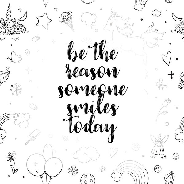 Симпатичные векторные единороги и радужные каракули. Мотивационная и вдохновляющая цитата. Чернильный набросок с сердцами, звездами и радугой
