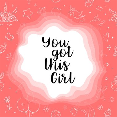 Sevimli vektör tek boynuzlu atlar ve gökkuşağı doodle sorunsuz desen. Motivasyonel ve ilham verici bir alıntı bu kızı aldın. Kalpler, yıldızlar ve gökkuşağı ile mürekkep kroki