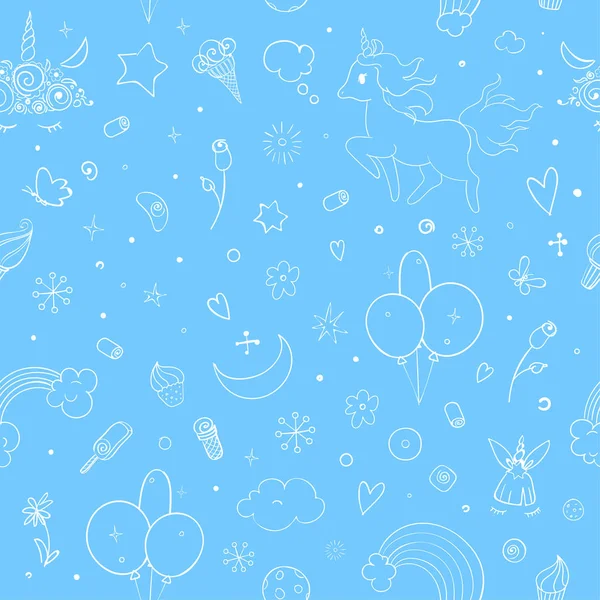 Söt vektor enhörningar och regnbåge sömlösa mönster-hand dras kawaii stil illustration med imaginär häst från barn Fairytale. Bläck skiss med hjärtan, stjärnor och regnbåge — Stock vektor