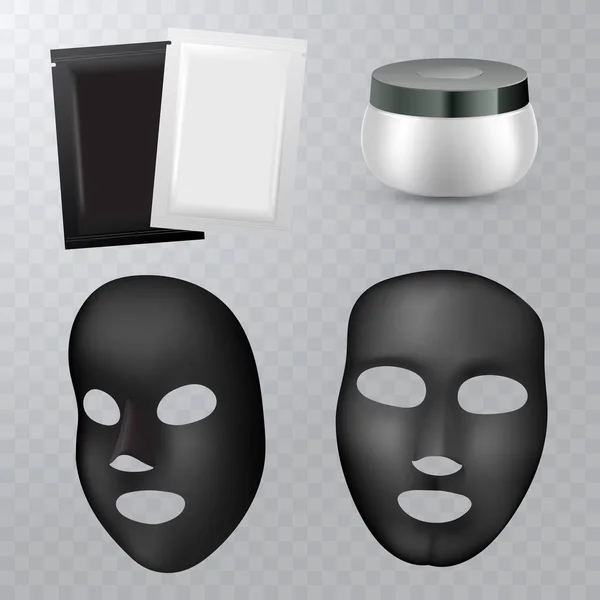 Vector réaliste masque de feuille cosmétique visage noir sur fond transparent pour votre conception. Conception de paquet pour masque facial . — Image vectorielle