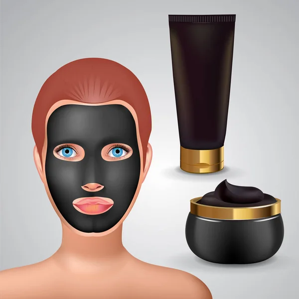 Menina de moda beleza aplicar máscara de carvão preto facial. Máscara Facial Cosméticos Embalagem. Projeto do pacote para máscara facial. Tubo de cosméticos e frasco com creme de carvão vegetal . —  Vetores de Stock