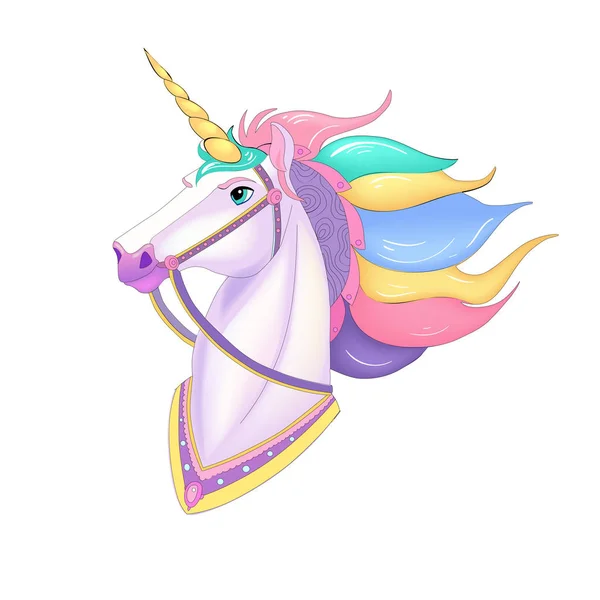 White Unicorn vector illustration for children design. Rainbow hair. Isolated. Cute fantasy animal. Typography design. — Stock Vector