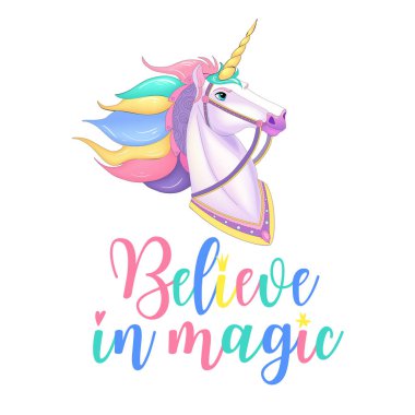 Beyaz Tekboynuz çocuk tasarımı için vektör çizimi. Gökkuşağı saçı. İzole edilmiş. Tatlı fantezi hayvanı. Tipografi tasarımı.