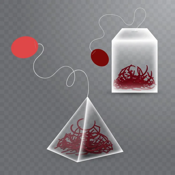 透明な背景に赤いハイビスカスのお茶と2つの異なるフォームの現実的なティーバッグ。ベクトル — ストックベクタ