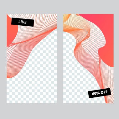 Hikayeler, satış ve reklamlar için sosyal medya afişi. Mercan canlı renk, akıcı soyut biçim. Vektör