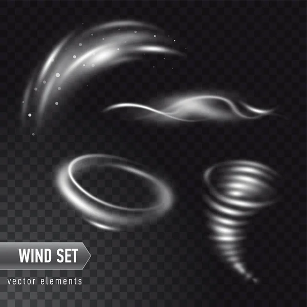 Vector realistische set van hoge gedetailleerde wind-of stofwolk geïsoleerd op transparante achtergrond. Effect van witte rook, mist, spray. — Stockvector