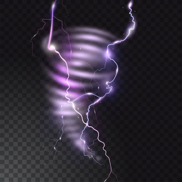 Tornado with lightning vector illustration of realistic thunderbolt light flash in twister hurricane. Wind cyclone vortex in storm weather. — Stock Vector