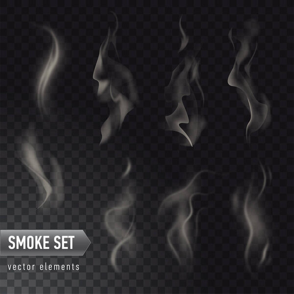 Set of high detailed smokes from hot food or drink isolated on transparent background
