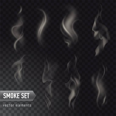 Set of high detailed smokes from hot food or drink isolated on transparent background clipart