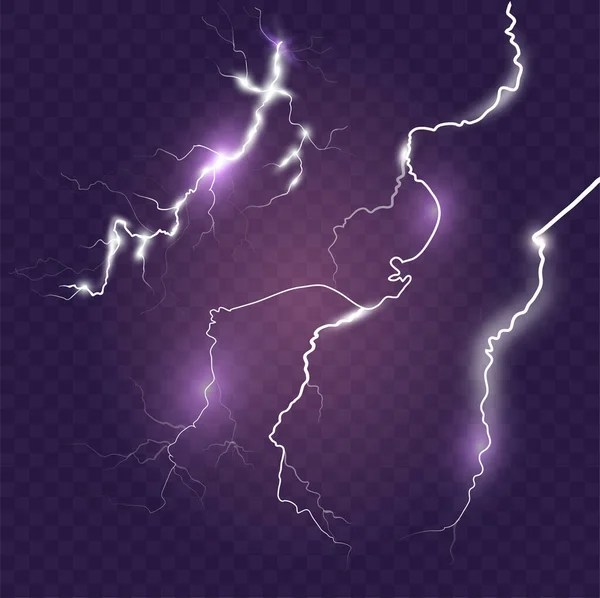 Mavi arka planda izole edilmiş yıldırım efektleri. Fırtına büyüsü ve parlak yıldırım etkisi. Gerçekçi vektör illüstrasyonu