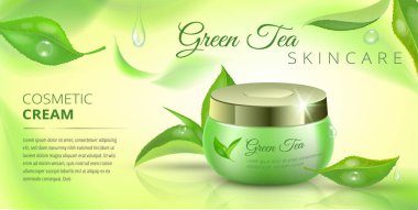 Uçan yapraklı ve kozmetik paketli yeşil çay afişleri. Tasarlanmış metin. Gerçekçi vektör illüstrasyonu.