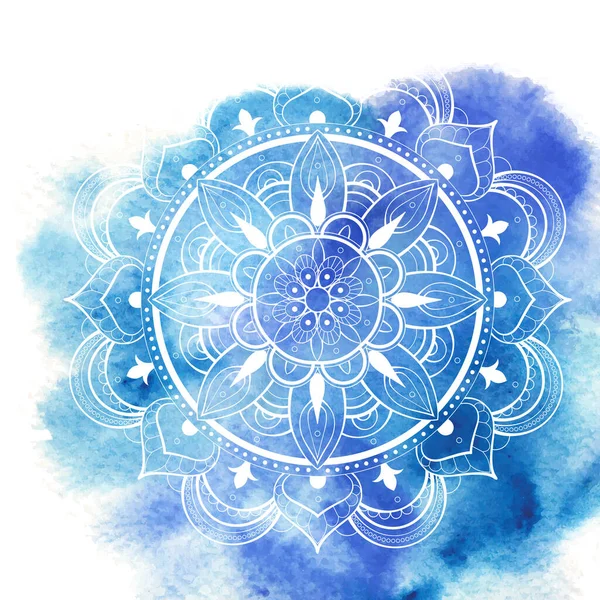 Blauwe aquarelverf achtergrond met wit rond mandala patroon. — Stockvector