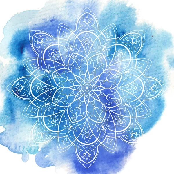 Peinture aquarelle fond bleu avec motif mandala circulaire blanc. — Image vectorielle