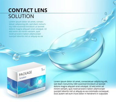 Gerçekçi kontak lens, su sıçratma ve ilaç paketiyle ilanlar. Mavi reklam arkaplanı.