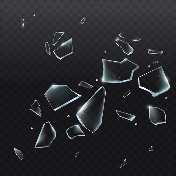 Broken glass pieces. Shattered glass on black background. Vector realistic illustration — Stock Vector