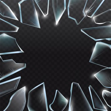 Kırık cam parçaları. Siyah arka planda kırık camlar. Vektör gerçekçi illüstrasyon