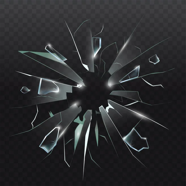 High detailed realistic broken glass isolated on dark transparent background. With cracks and bullet marks. Realistic transparent shards of broken glass. Vector illustration. — Stock Vector